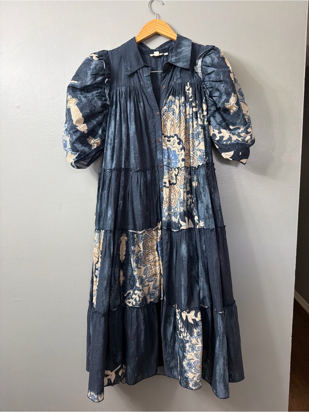 Anthropologie Let Me Be Puff-Sleeve Patchwork Cotton Midi Shirt Dress Large - Picture 3 of 13